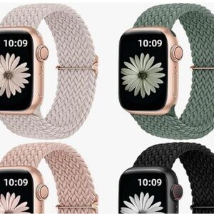 (2) Apple Watch Stretchy Soft Braided Nylon Strap Wristband Cream & Teal Buckle